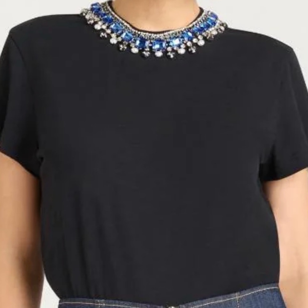 CINQ A SEPT  Elegant Black Top with Blue Embellishments size L new with tags